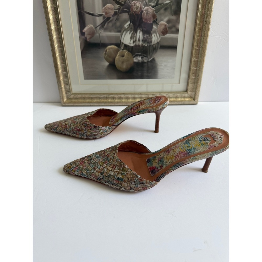 Mikaela Woven Leather Floral Pointed Toe Mules Multicolored Stiletto Heels - Picture 3 of 12